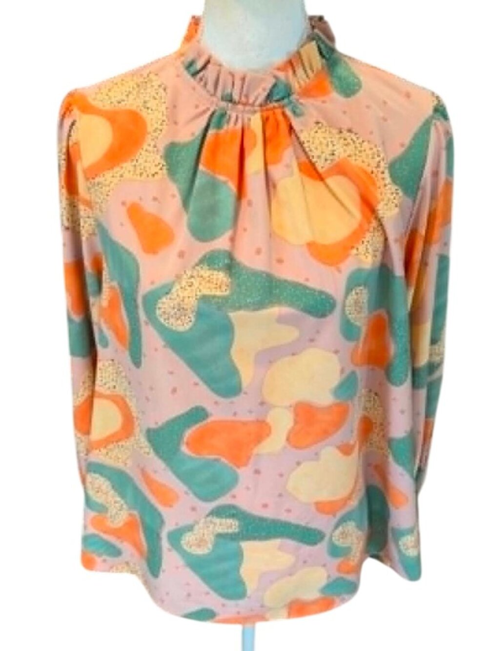 JODIFL Colorful Abstract Ruffle Neck Blouse